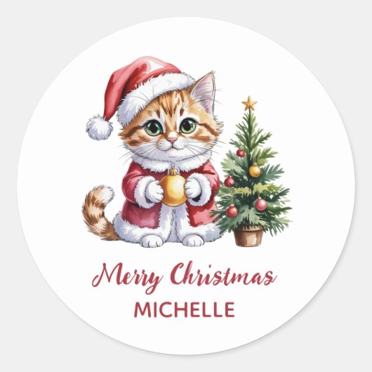 Sticker Rond Chat personnalisé avec un chapeau de Père Noël arb (Devant)