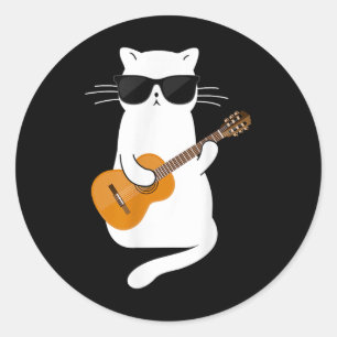 Sticker Rond Chat Portant des Sungles Jouer Guitare Guitariste