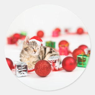Sticker Rond Chat portant un chapeau de Père Noël rouge Ornemen
