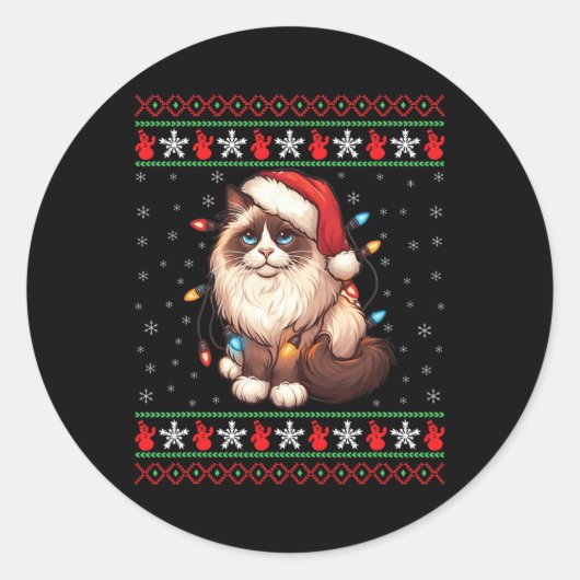 Sticker Rond Chat Ragdoll Vilain Noël Ragdoll Chat Xmas Lighti (Devant)