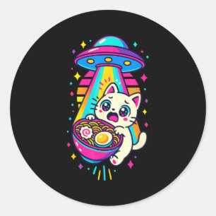 Sticker Rond Chat Ramen Ufo Kawaii Drôle Femmes Anime Japonais 