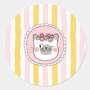 Sticker Rond Chat rayures jaunes roses