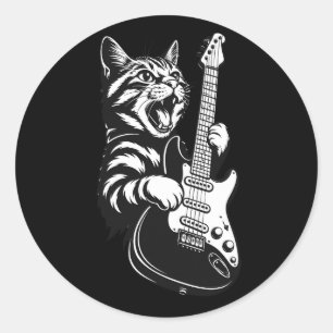 Sticker Rond Chat Rock Jouant de la Guitare Électrique   Amour 