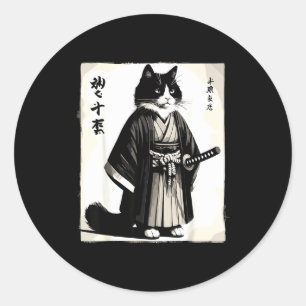 Sticker Rond Chat Samouraï Guerrier Vintage Anime Japonais 