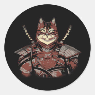 Sticker Rond Chat Samurai guerrier japonais