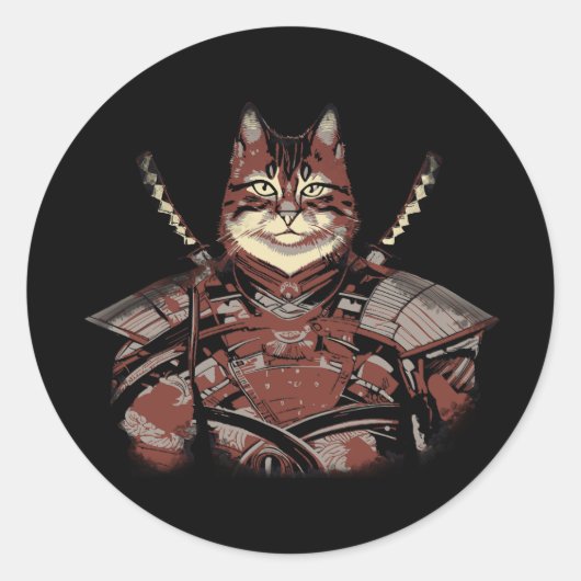 Sticker Rond Chat Samurai guerrier japonais (Devant)