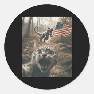 Sticker Rond Chat selfie avec dinosaure Trex drapeau Usa patrio