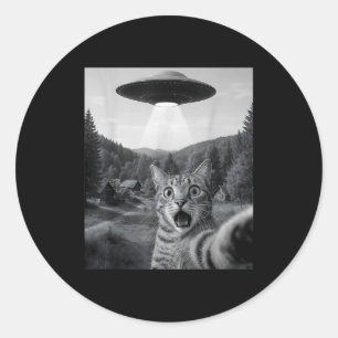 Sticker Rond Chat selfie avec un OVNI alien drôle chat drôle Ed