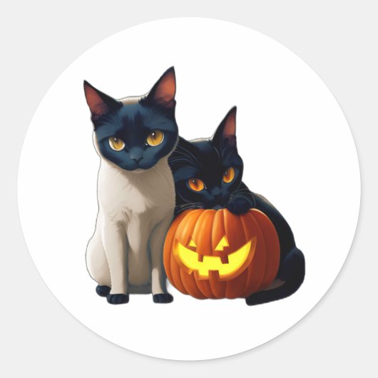 Sticker Rond Chat Siamais Noir Citrouille Cute Kawaii Animaux A (Devant)