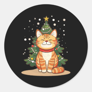 Sticker Rond Chat Souriant Noël Matin Pour La Saison Festive