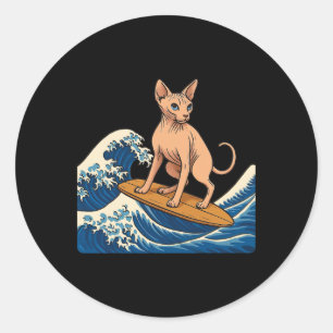 Sticker Rond Chat Sphynx faisant du surf sur une vague japonais