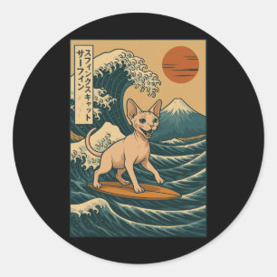 Sticker Rond Chat Sphynx surfant sur la vague japonaise Grande