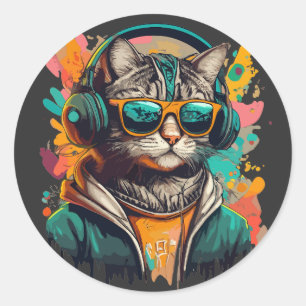 Sticker Rond Chat Super cool avec casque à écouter de la musiqu