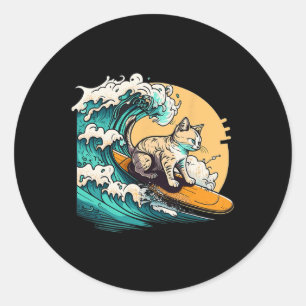 Sticker Rond Chat surfeur, Chat sur planche de surf, Chat sur u