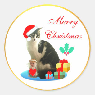 Sticker Rond Chat tabby de Noël mignon