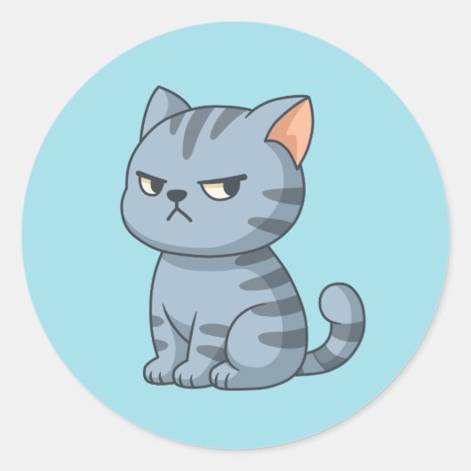 Sticker Rond Chat tabby gris grincheux sur fond bleu (Devant)