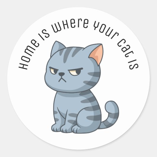 Sticker Rond Chat tabby gris grincheux Texte personnalisé (Devant)