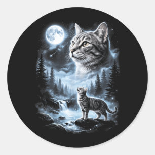 Sticker Rond Chat tabby gris hurlant à la lune Rétro 90
