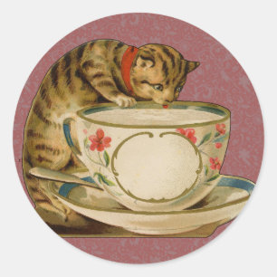 Sticker Rond Chat Tasse à Thé Mignon Vintage Victorien Animal C