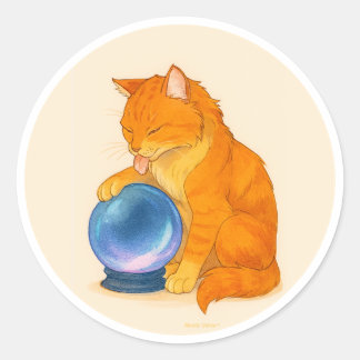 Sticker Rond Chat tigré orange avec boule de cristal bleue
