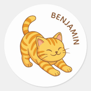 Sticker Rond Chat Tigre Orange Étiré Nom Personnalisé