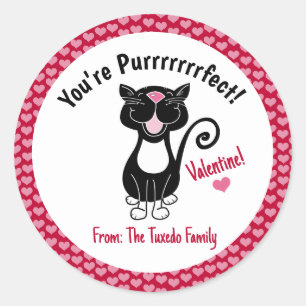 Sticker Rond Chat Tuxedo Noir Saint Valentin Coeurs rouges