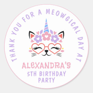Sticker Rond Chat Unicorne Anniversaire Merci rose violet bleu