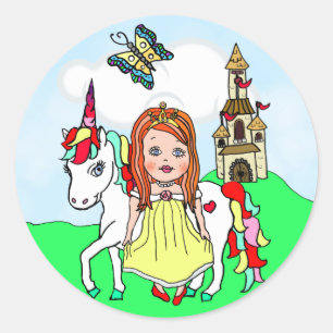 Sticker Rond Château d'une chevelure rouge mignon de princesse