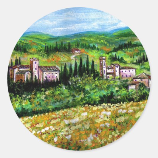 STICKER ROND CHÂTEAUX EN CHIANTI PAYSAGE, CHAMPS DE FLEURS JAUN (Devant)