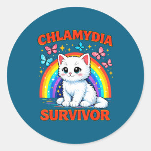 Sticker Rond Chaton Blanc Sarcastique Survivant de Chlamydia