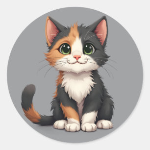 Sticker Rond Chaton Calico Fantaisiste avec une Attitude de Cha