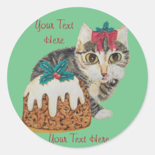 Sticker Rond chaton chaton gris tabby chat lécher patte noël