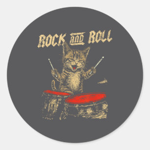 Sticker Rond Chaton Drôle De Rock And Roll Jouant Du Tambour Po