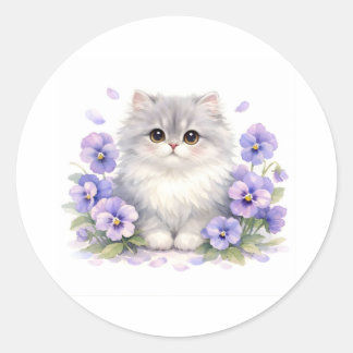 Sticker Rond Chaton Fluffy Aquarelle avec Fleurs de Pensée Viol