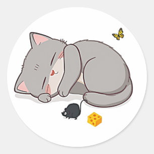 Sticker Rond Chaton, souris et fromage