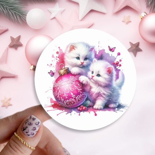 Sticker Rond Chatons blancs doux Noël