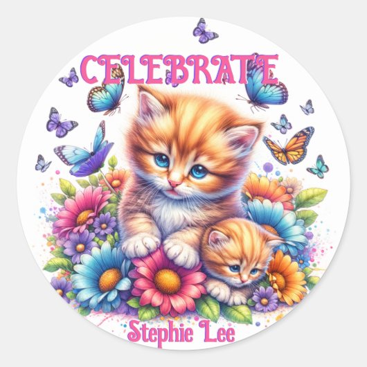 Sticker Rond Chatons, papillons et fleurs (Devant)