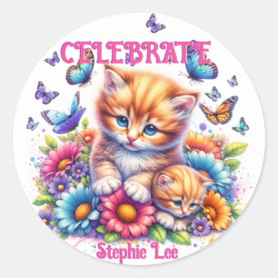 Sticker Rond Chatons, papillons et fleurs