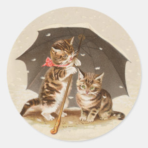 Sticker Rond Chatons vintage sous parapluie art de chat antique