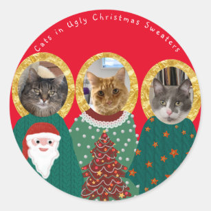 Sticker Rond Chats amusants Customisés de mauvais pulls de Noël