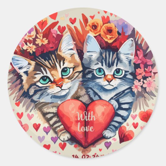 Sticker Rond Chats aquarelle au coeur (Devant)