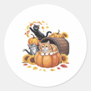 Sticker Rond Chats Automne Citrouilles Thanksgiving Sunflower O