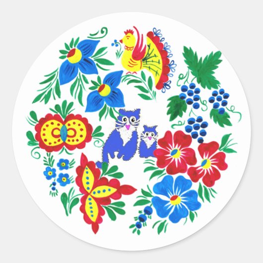 Sticker Rond Chats Bleus, Art Folk (Devant)