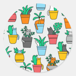 Sticker Rond Chats dans les pots à fleurs
