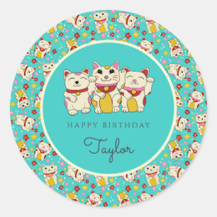 Sticker Rond Chats de bonne chance Maneki Neko japonais Anniver