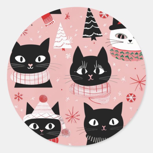 Sticker Rond Chats de Noël rétro amusants en rose (Devant)