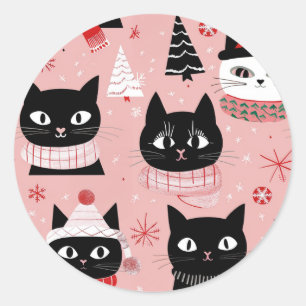 Sticker Rond Chats de Noël rétro amusants en rose