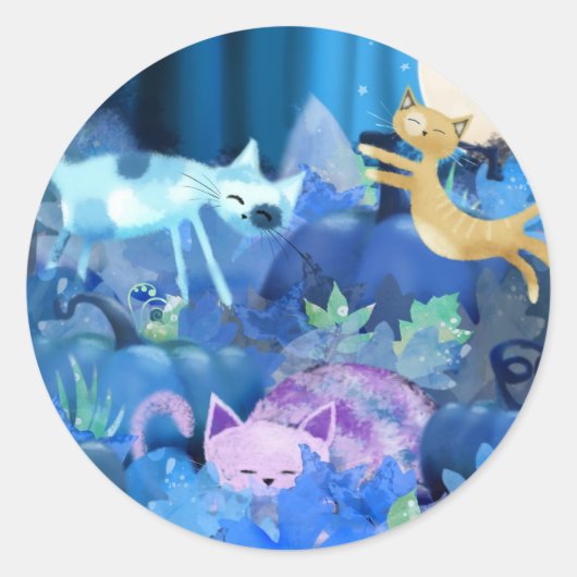 Sticker Rond Chats éclairés par la lune et chatons (Devant)