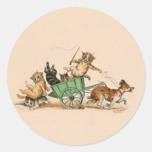 Sticker Rond Chats et chien drôles ; Art vintage mignon par