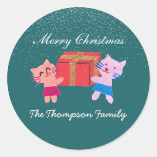 Sticker Rond Chats festifs avec boîte cadeau de Noël vert foncé